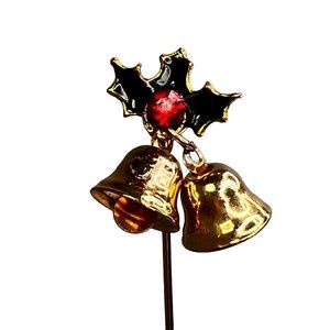 Vintage Christmas Bells Holly Berries Stick Pin Gold Tone Green Red Dangle